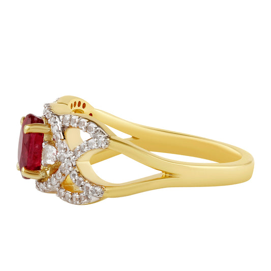 Anel de Prata com Banho de Ouro com Rubi da Tailândia e Topázio Branco  Contraste: Cabeca de Veado (800)