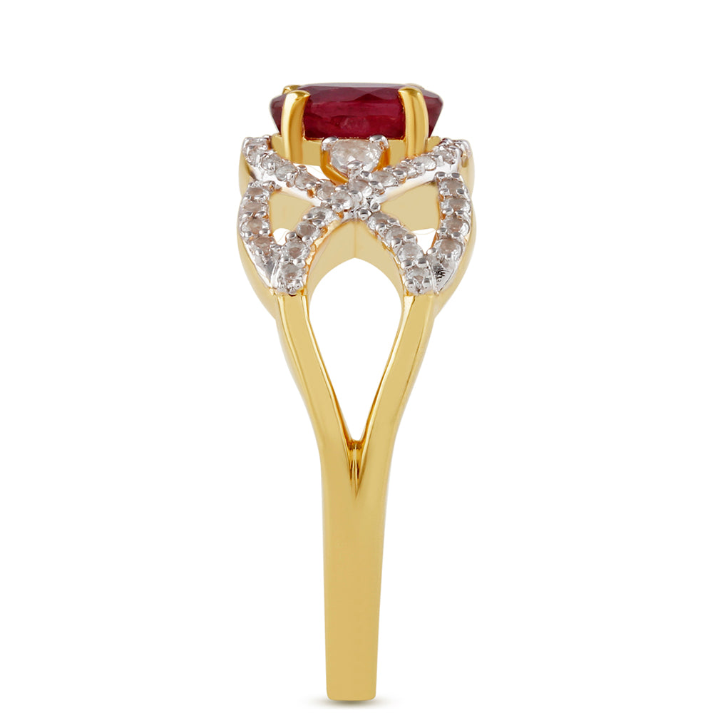 Anel de Prata com Banho de Ouro com Rubi da Tailândia e Topázio Branco  Contraste: Cabeca de Veado (800) 3 