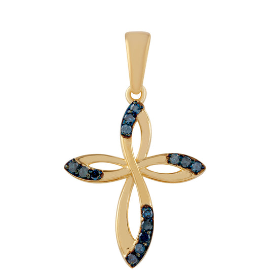 Cruz Pendente de Prata com Banho de Ouro com Diamante Azul