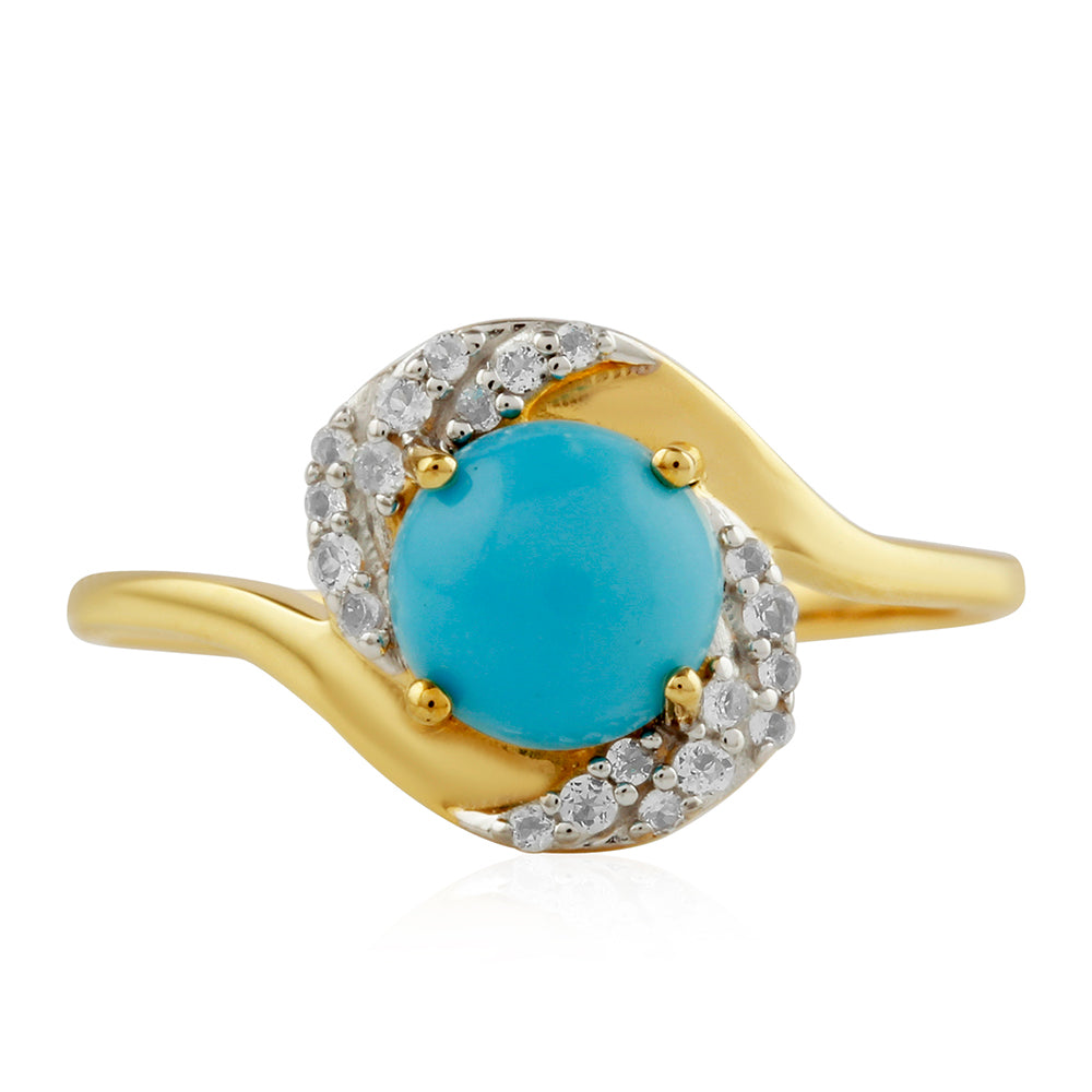 Anel de Prata com Banho de Ouro com Turquesa Bela Adormecida e Topázio Branco