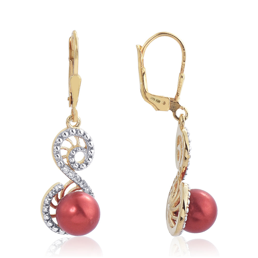Brincos de Prata com Banho de Ouro com Pérola Vermelha de Água Doce e Topázio Branco