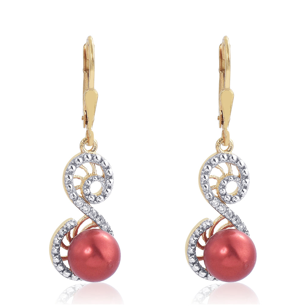 Brincos de Prata com Banho de Ouro com Pérola Vermelha de Água Doce e Topázio Branco 2 