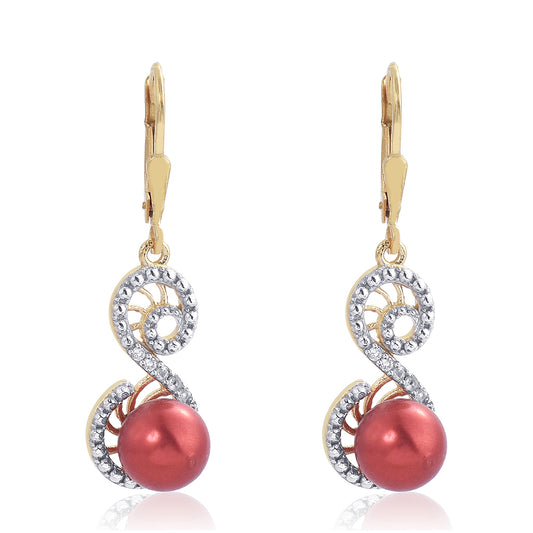 Brincos de Prata com Banho de Ouro com Pérola Vermelha de Água Doce e Topázio Branco