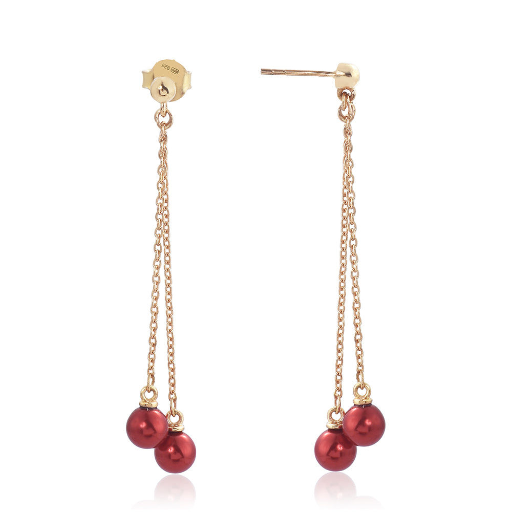 Brincos de Prata com Banho de Ouro com Pérola Vermelha de Água Doce 1 