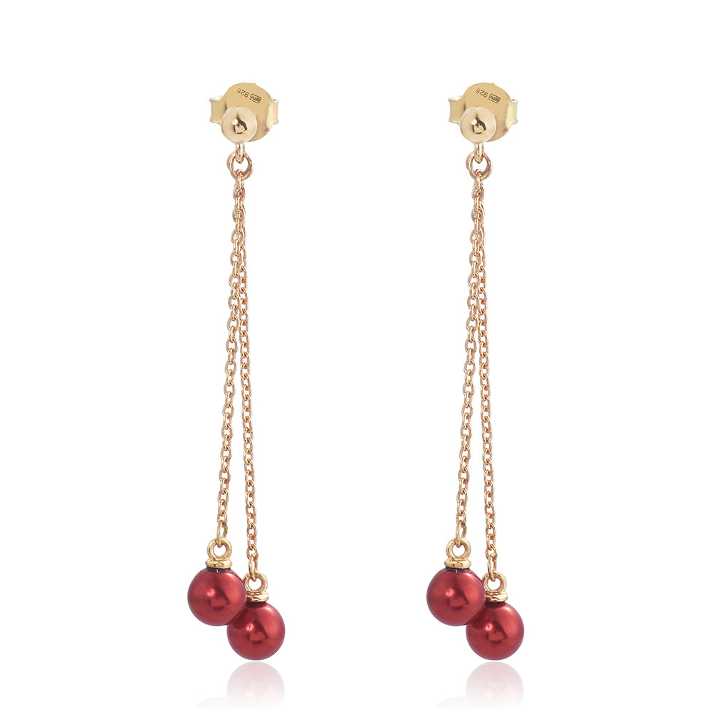 Brincos de Prata com Banho de Ouro com Pérola Vermelha de Água Doce