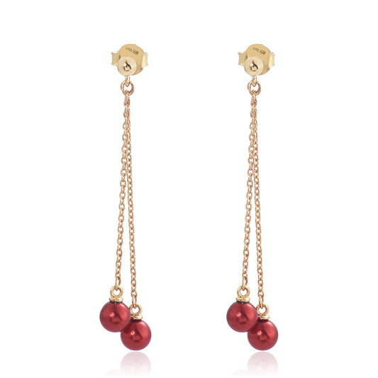 Brincos de Prata com Banho de Ouro com Pérola Vermelha de Água Doce