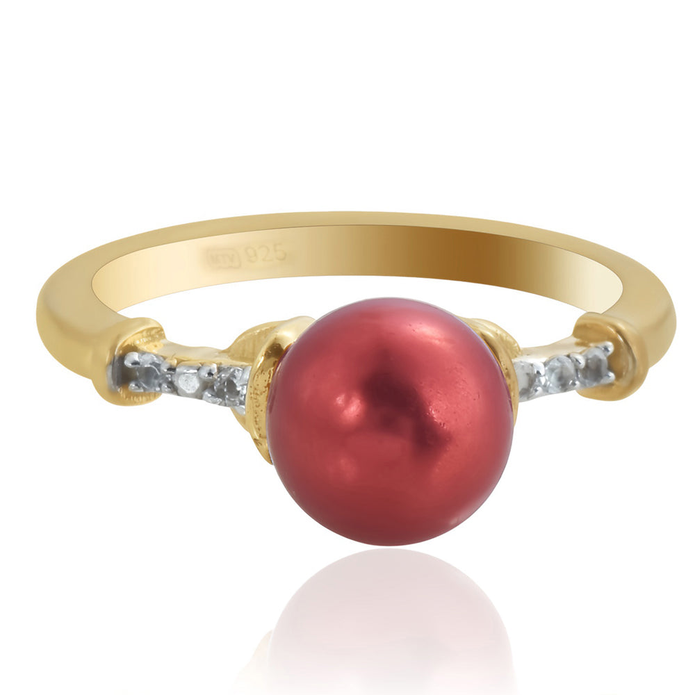 Anel de Prata com Banho de Ouro com Pérola Vermelha de Água Doce e Topázio Branco