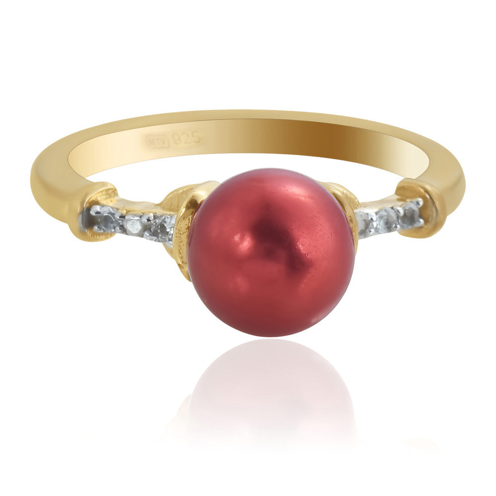 Anel de Prata com Banho de Ouro com Pérola Vermelha de Água Doce e Topázio Branco