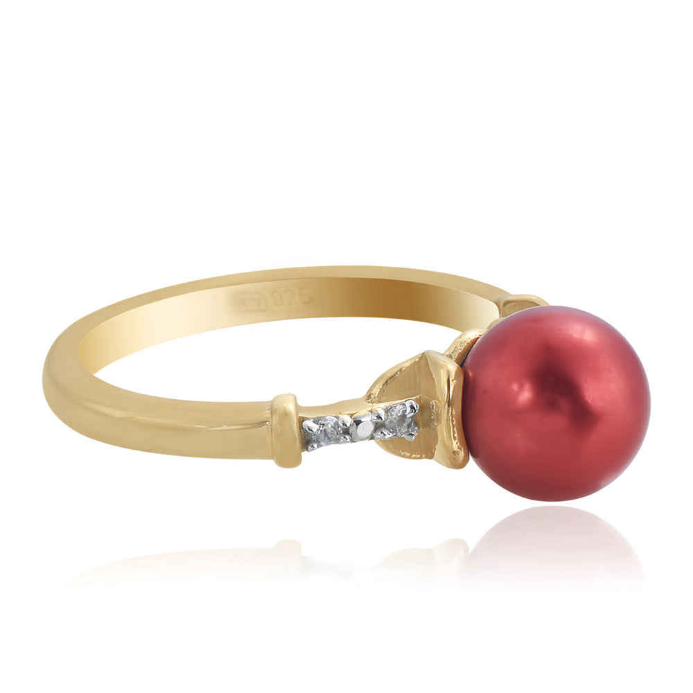 Anel de Prata com Banho de Ouro com Pérola Vermelha de Água Doce e Topázio Branco 4 