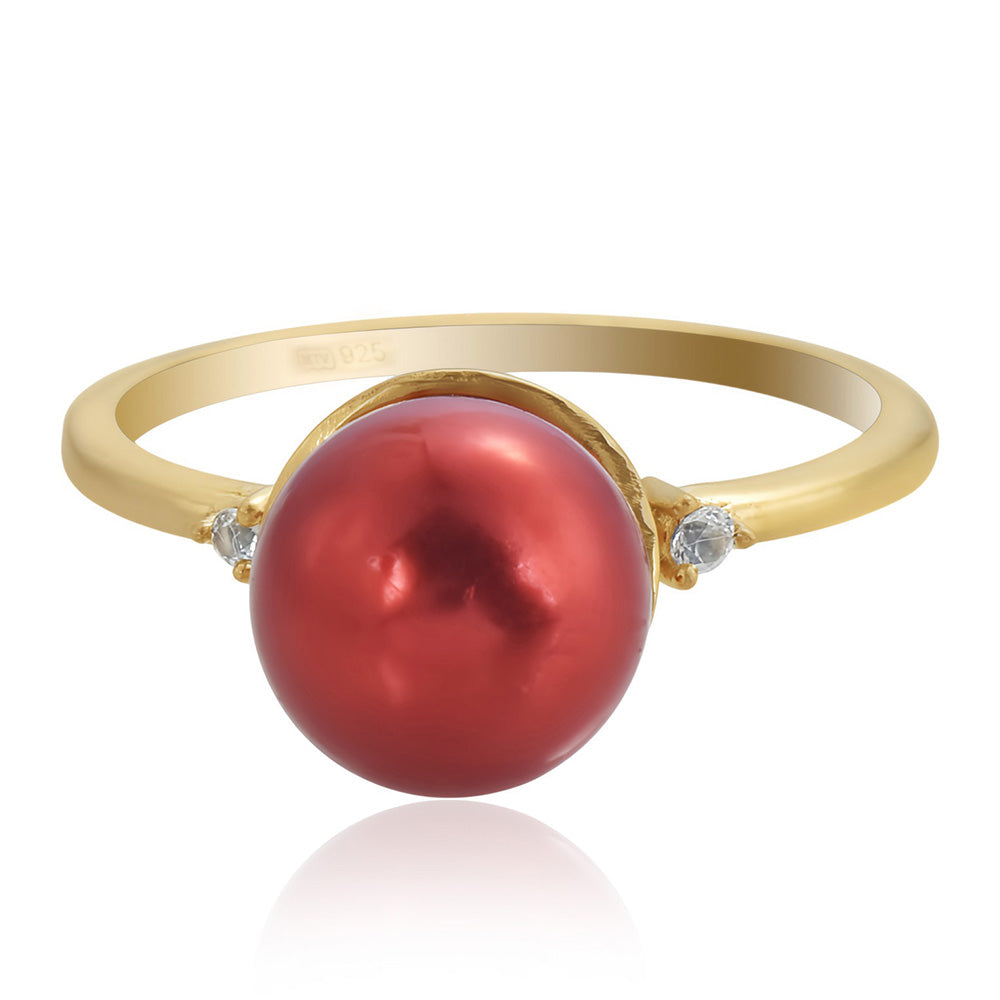 Anel de Prata com Banho de Ouro com Pérola Vermelha de Água Doce e Topázio Branco
