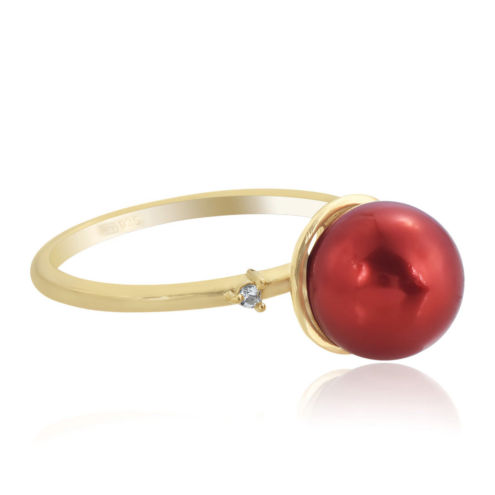 Anel de Prata com Banho de Ouro com Pérola Vermelha de Água Doce e Topázio Branco