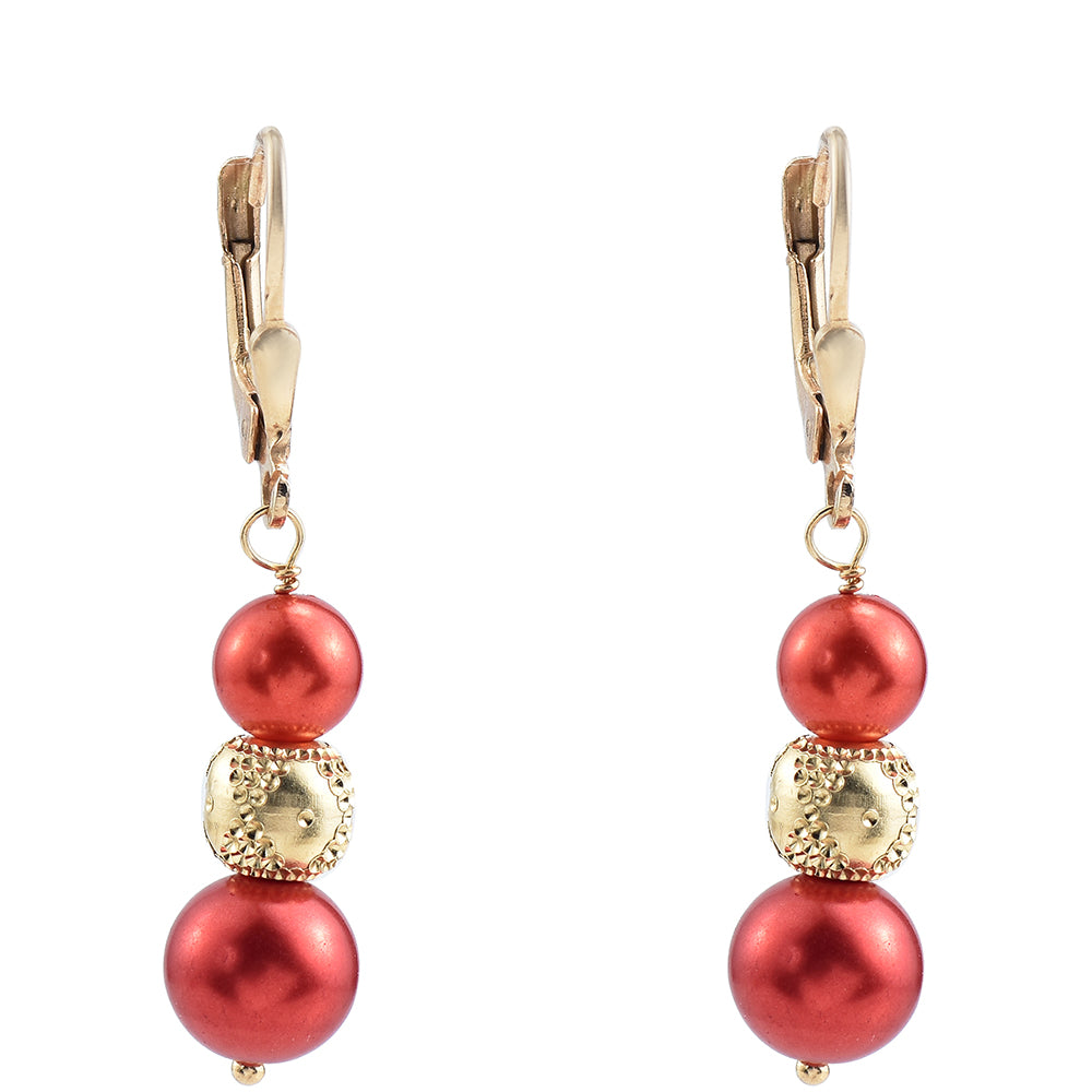 Brincos de Prata com Banho de Ouro com Pérola Vermelha de Água Doce