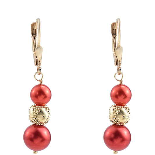 Brincos de Prata com Banho de Ouro com Pérola Vermelha de Água Doce