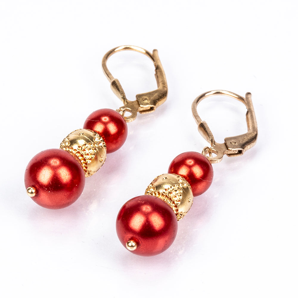 Brincos de Prata com Banho de Ouro com Pérola Vermelha de Água Doce 3 