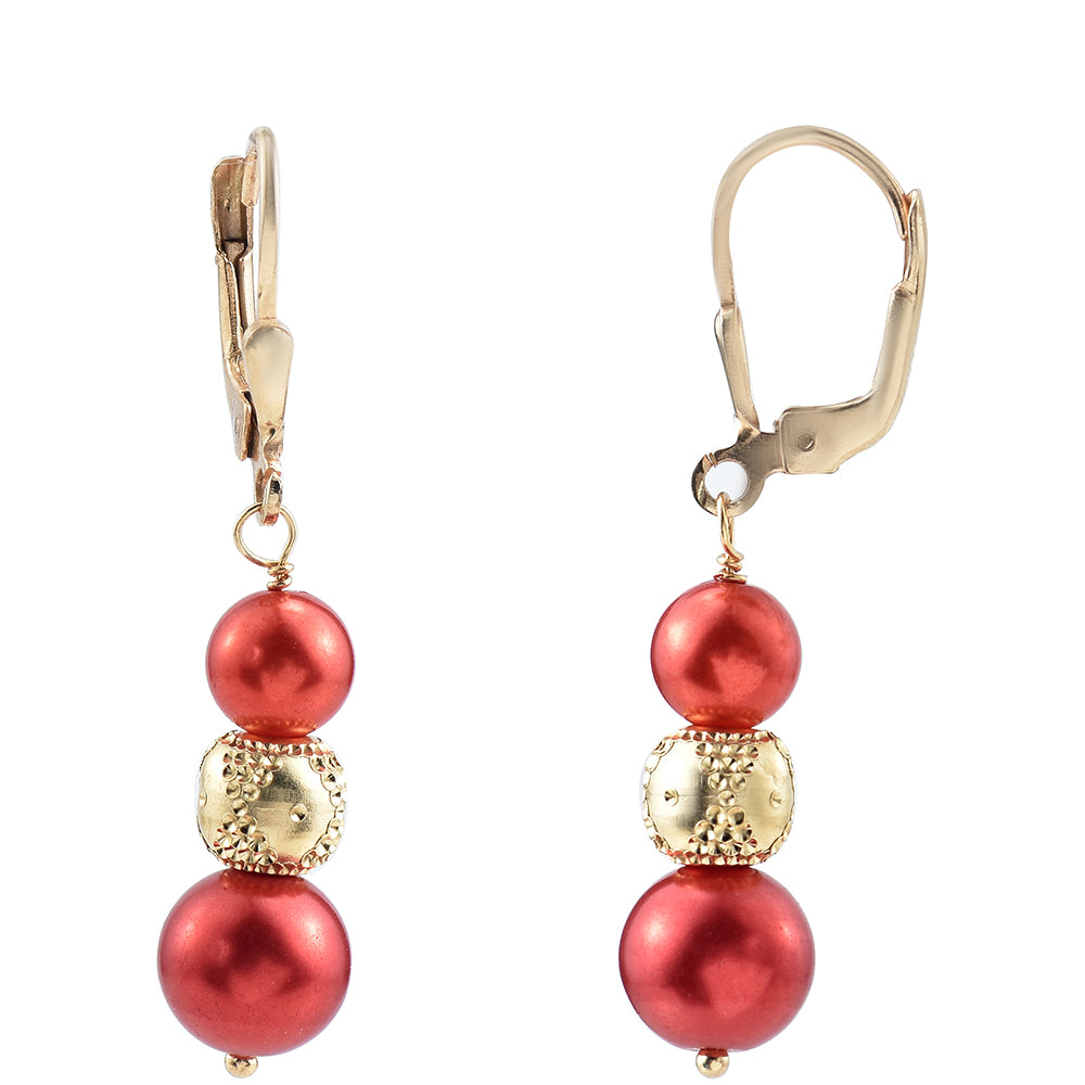 Brincos de Prata com Banho de Ouro com Pérola Vermelha de Água Doce 2 