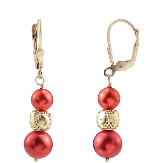 Brincos de Prata com Banho de Ouro com Pérola Vermelha de Água Doce