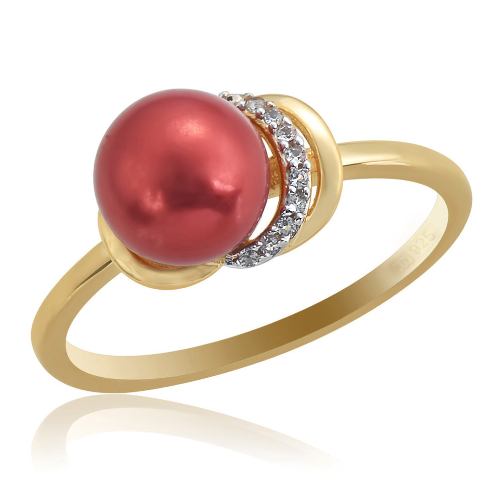 Anel de Prata com Banho de Ouro com Pérola Vermelha de Água Doce e Topázio Branco 1 