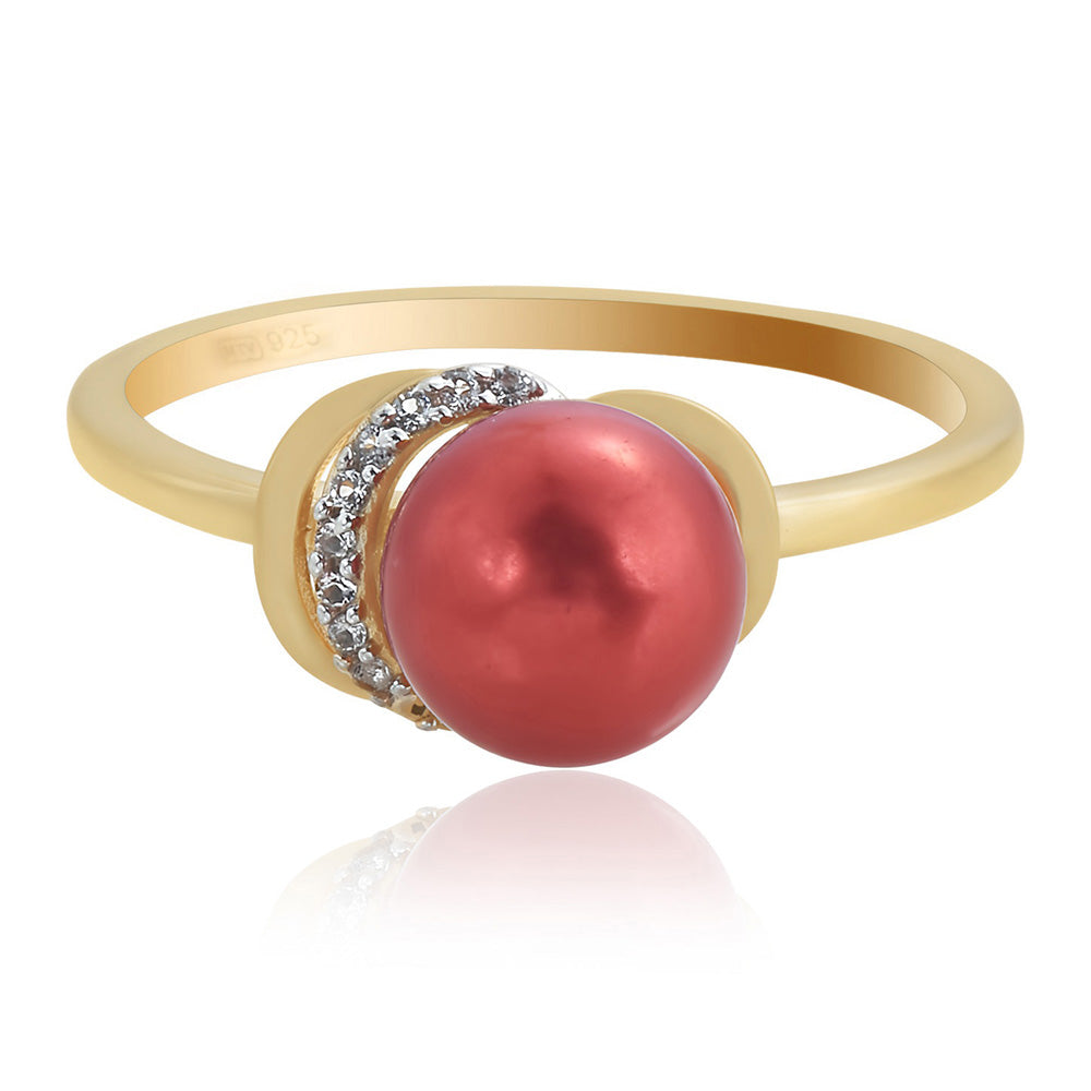 Anel de Prata com Banho de Ouro com Pérola Vermelha de Água Doce e Topázio Branco