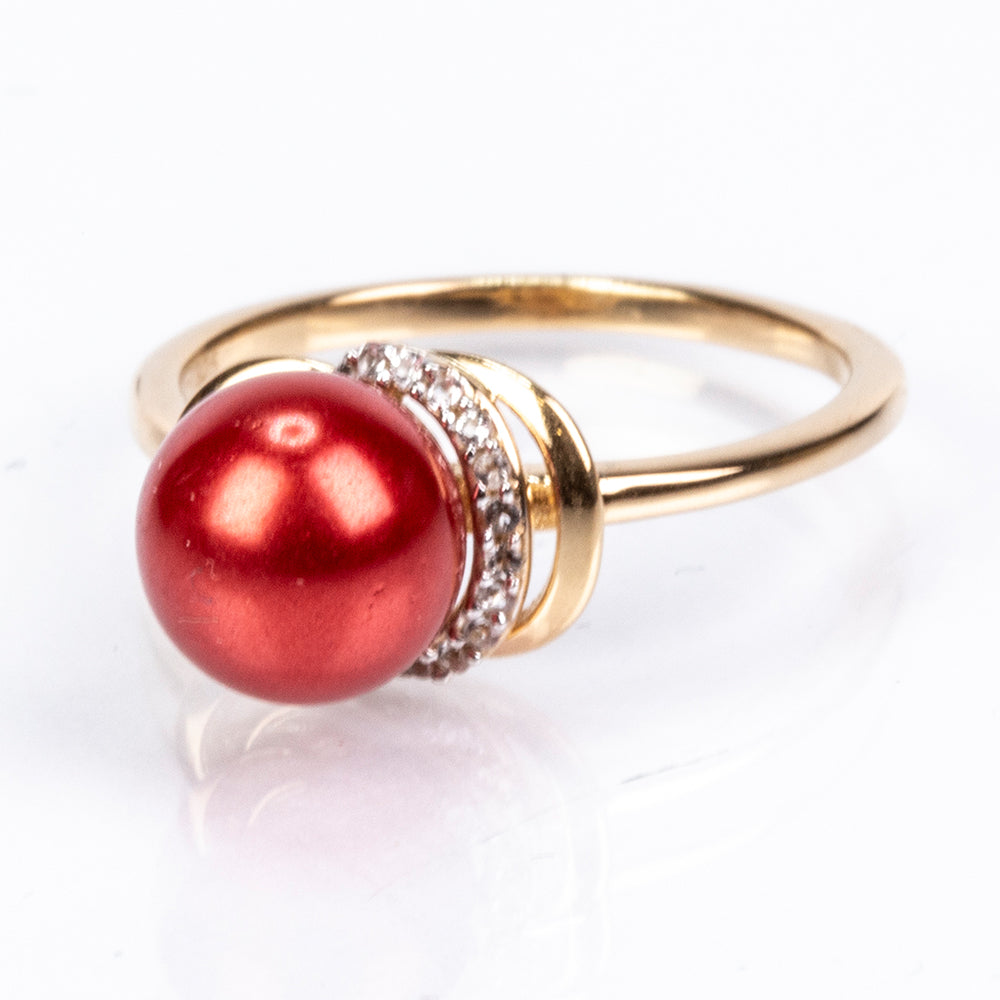 Anel de Prata com Banho de Ouro com Pérola Vermelha de Água Doce e Topázio Branco 4 
