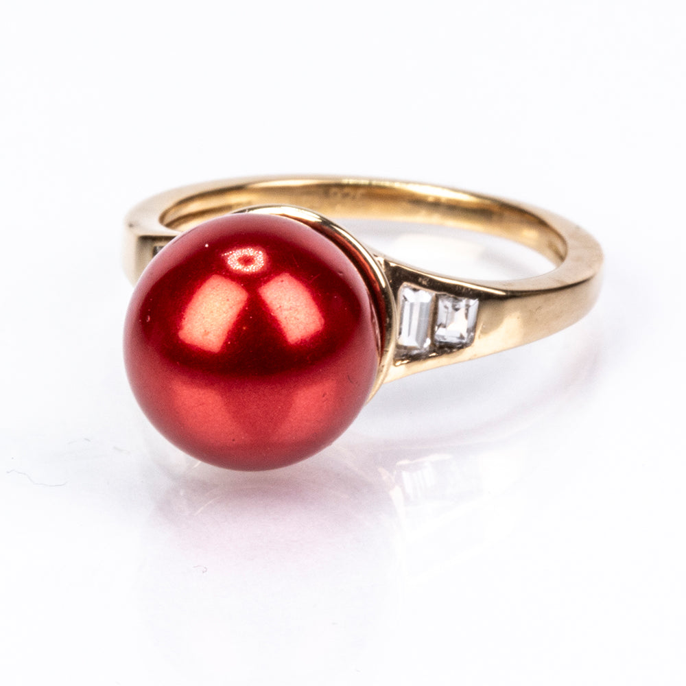 Anel de Prata com Banho de Ouro com Pérola Vermelha de Água Doce e Topázio Branco