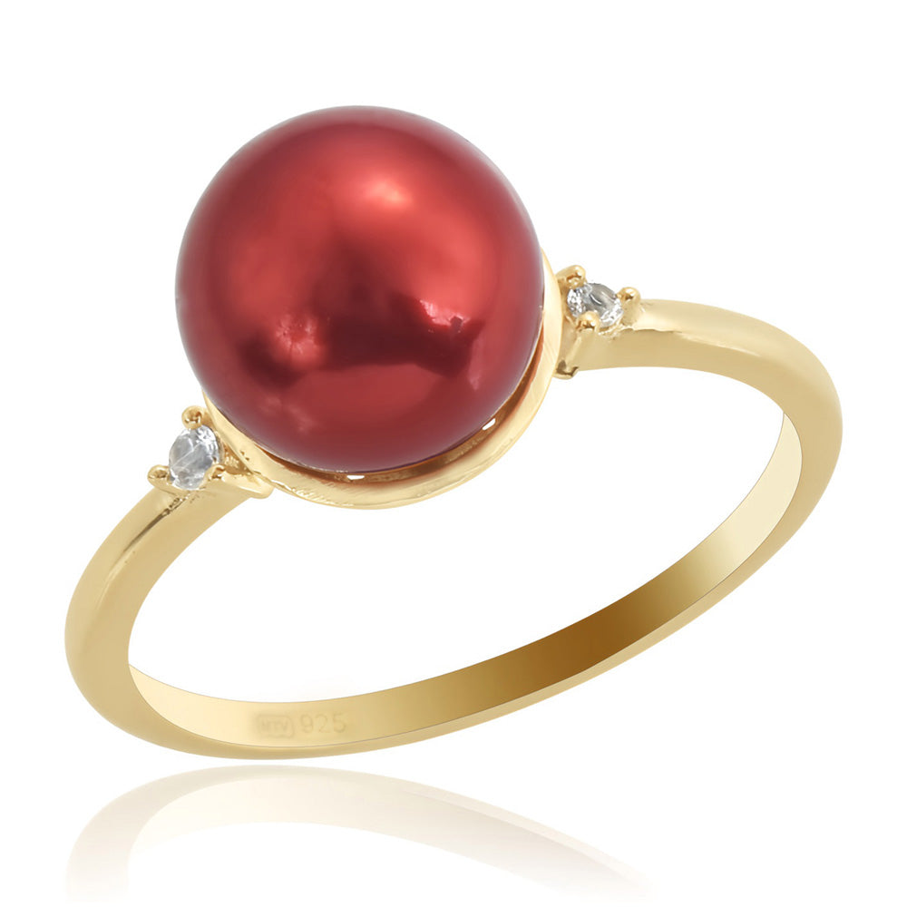 Anel de Prata com Banho de Ouro com Pérola Vermelha de Água Doce e Topázio Branco 2 