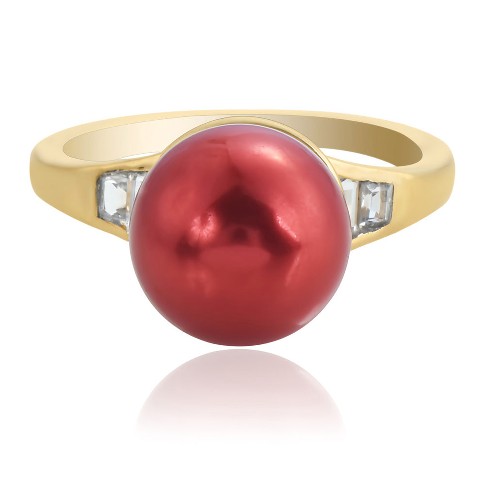 Anel de Prata com Banho de Ouro com Pérola Vermelha de Água Doce e Topázio Branco