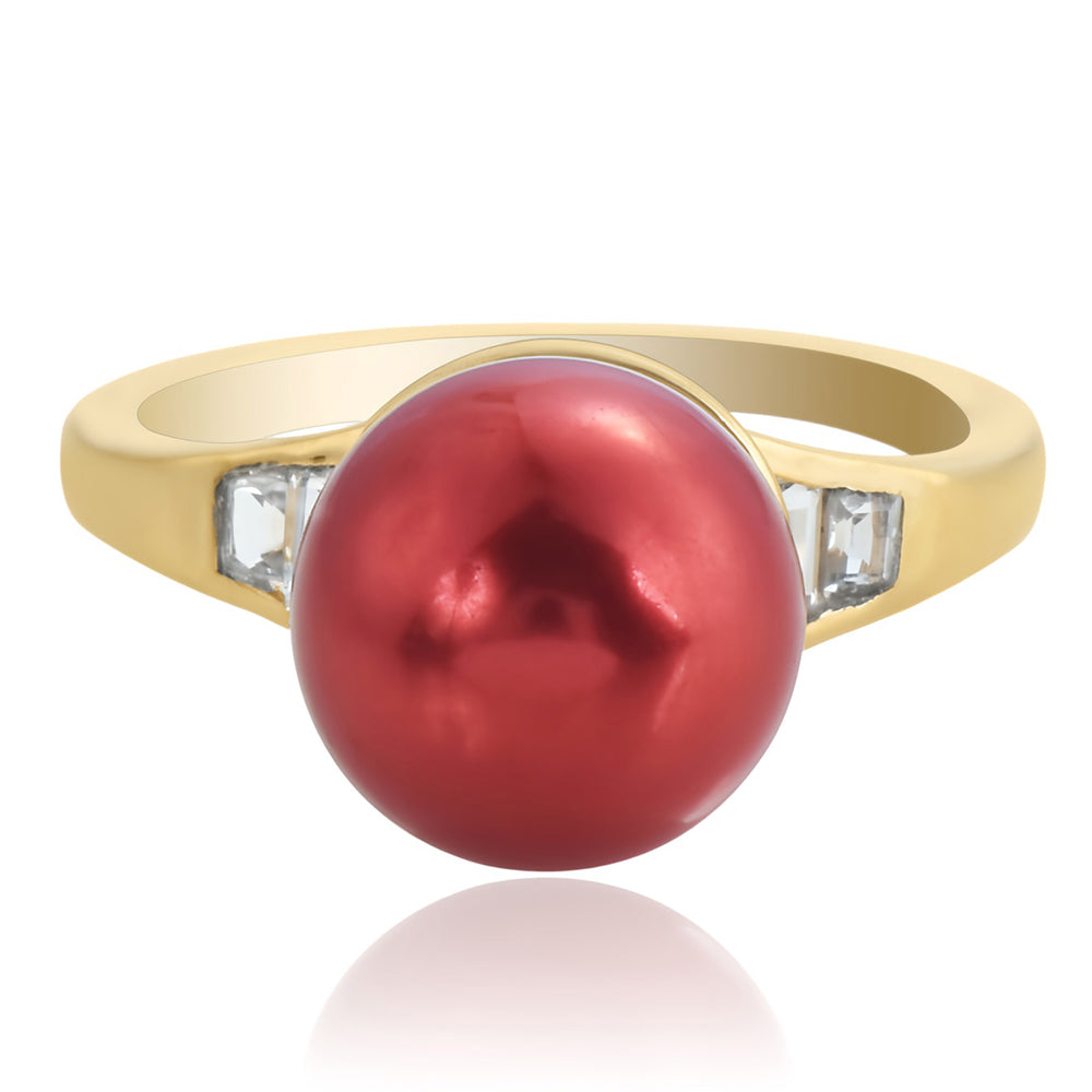 Anel de Prata com Banho de Ouro com Pérola Vermelha de Água Doce e Topázio Branco 4 