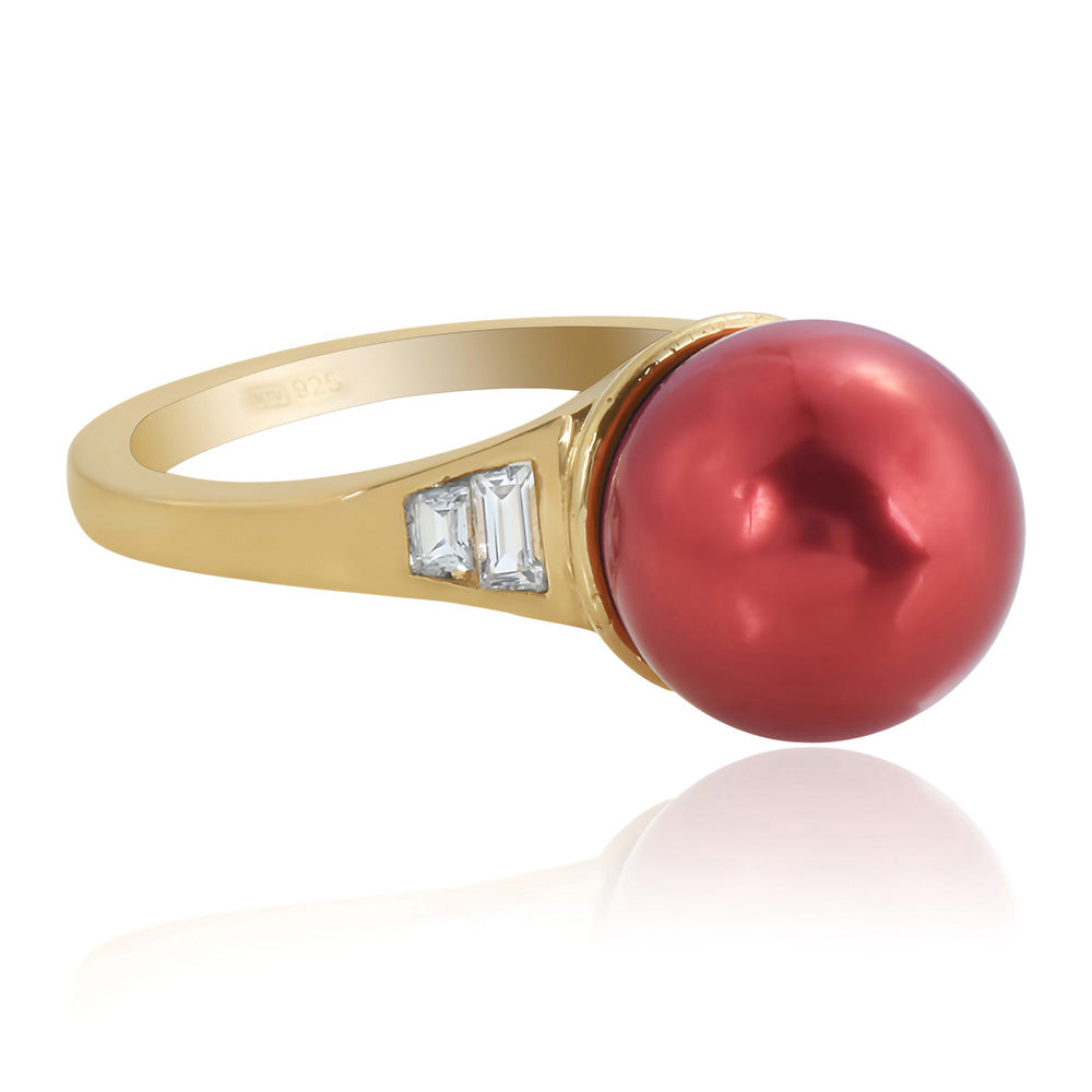 Anel de Prata com Banho de Ouro com Pérola Vermelha de Água Doce e Topázio Branco