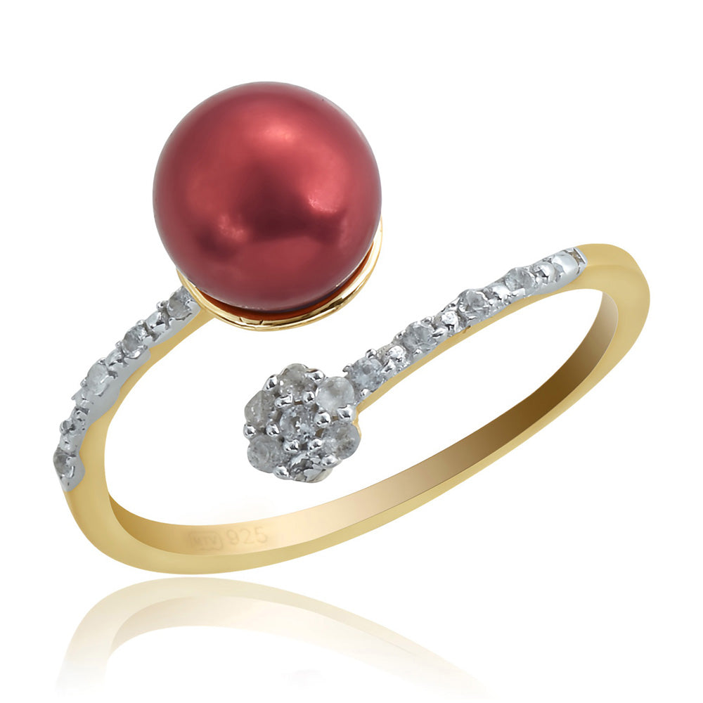 Anel de Prata com Banho de Ouro com Pérola Vermelha de Água Doce e Topázio Branco