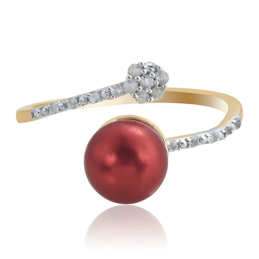 Anel de Prata com Banho de Ouro com Pérola Vermelha de Água Doce e Topázio Branco