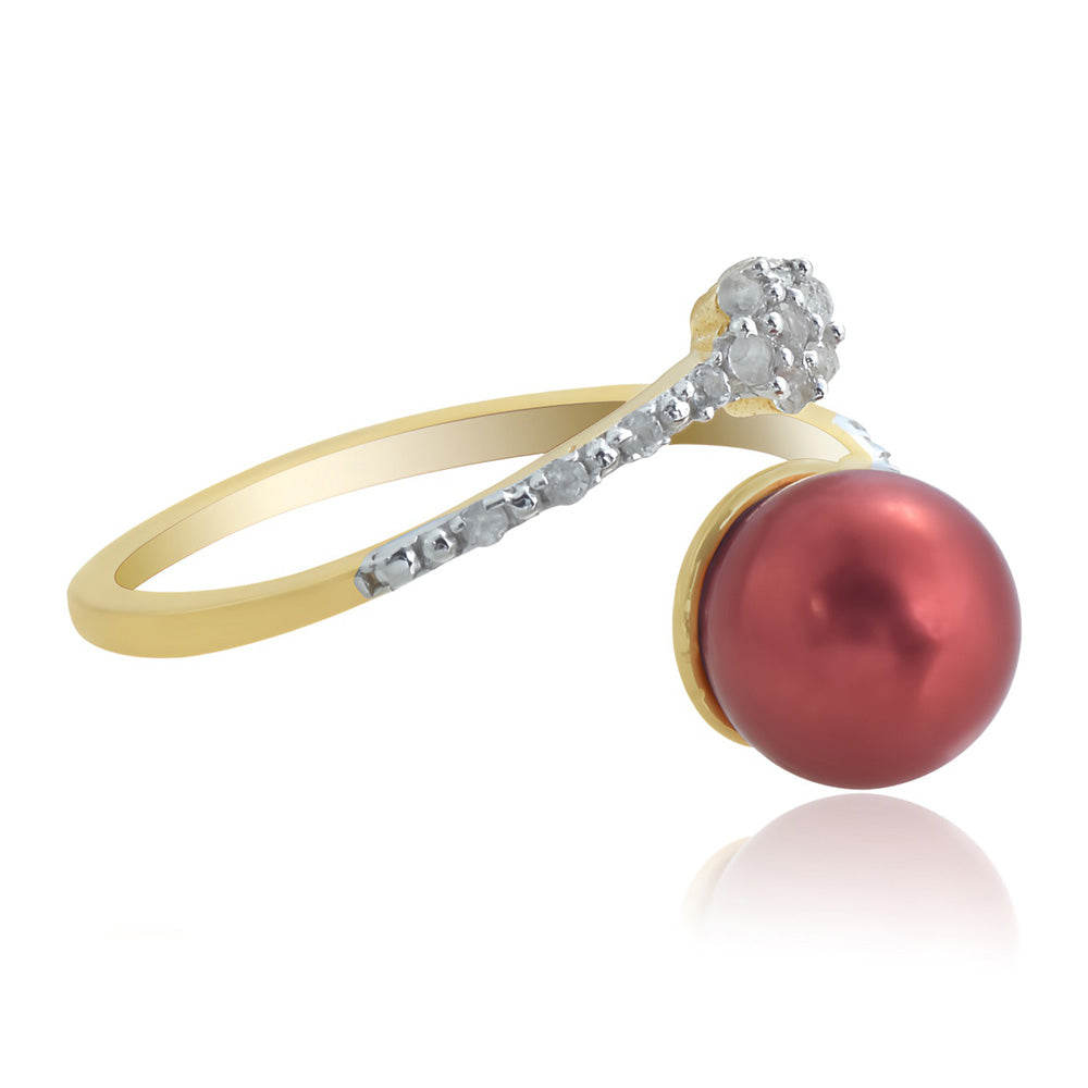 Anel de Prata com Banho de Ouro com Pérola Vermelha de Água Doce e Topázio Branco