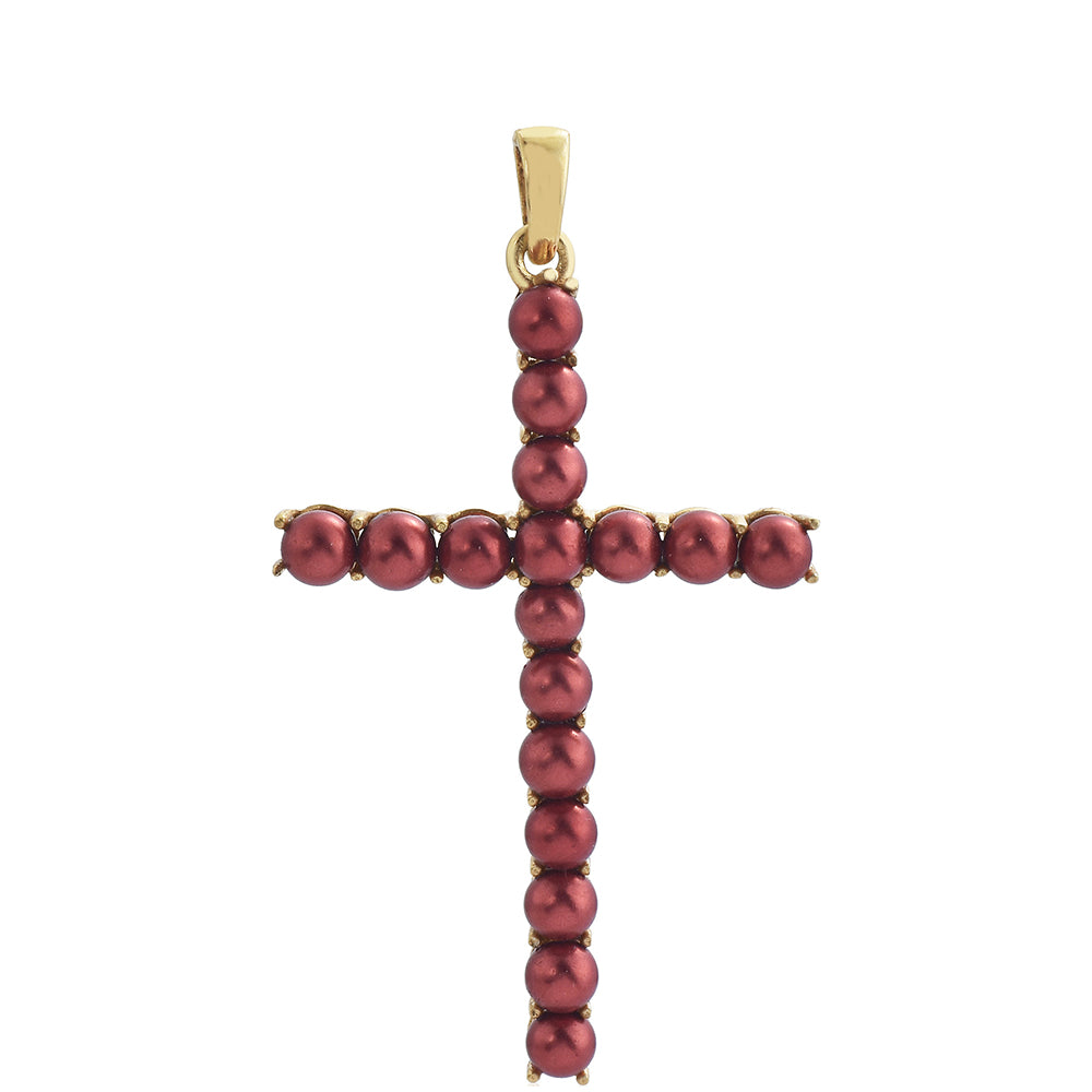 Cruz Pendente de Prata com Banho de Ouro com Pérola Vermelha de Água Doce