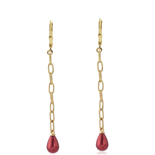 Brincos de Prata com Banho de Ouro com Pérola Vermelha de Água Doce