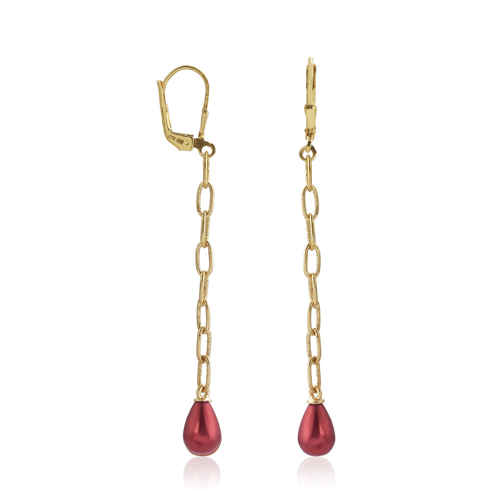 Brincos de Prata com Banho de Ouro com Pérola Vermelha de Água Doce 1 