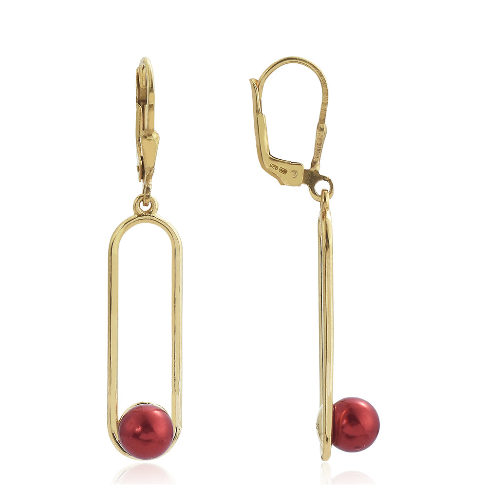 Brincos de Prata com Banho de Ouro com Pérola Vermelha de Água Doce 1 