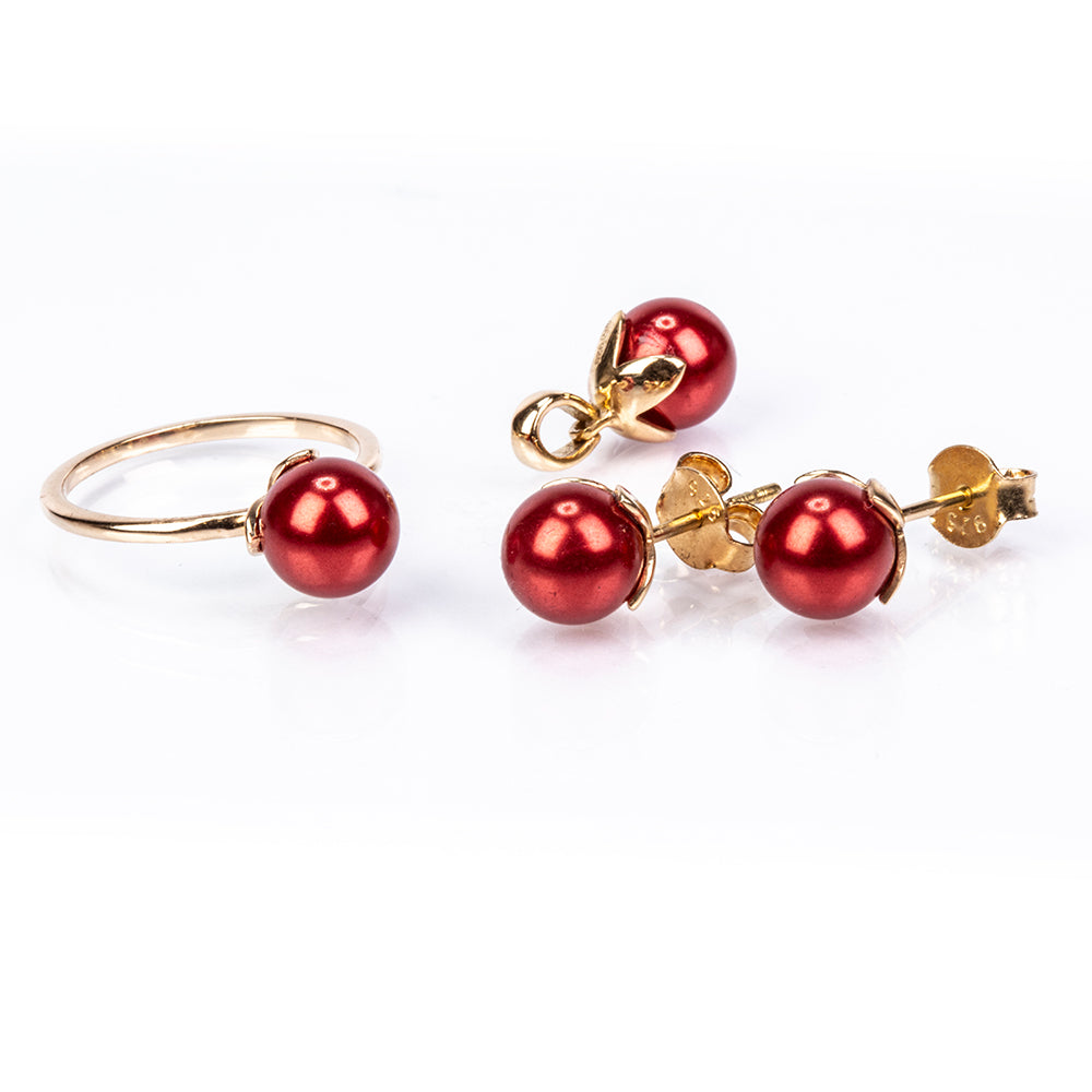 Conjunto de Prata com Banho de Ouro com Pérola Vermelha de Água Doce ( Brincos+Anel+Pendente )  Contraste: Cabeca de Veado (800) 1 