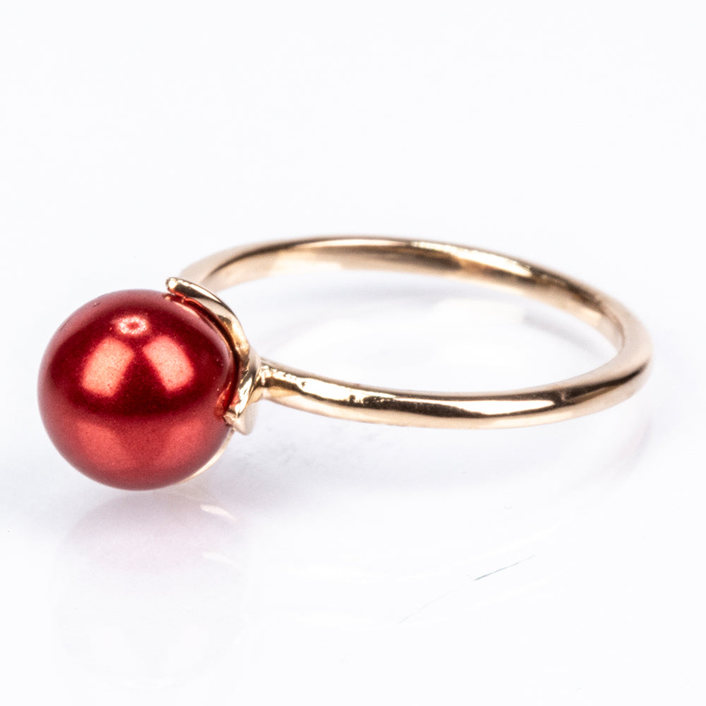 Conjunto de Prata com Banho de Ouro com Pérola Vermelha de Água Doce ( Brincos+Anel+Pendente )  Contraste: Cabeca de Veado (800) 10 