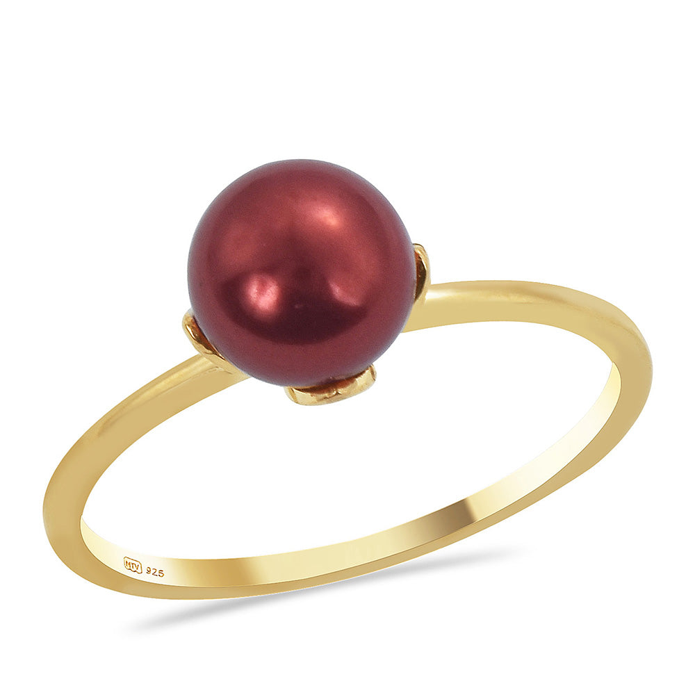 Conjunto de Prata com Banho de Ouro com Pérola Vermelha de Água Doce ( Brincos+Anel+Pendente )  Contraste: Cabeca de Veado (800) 4 