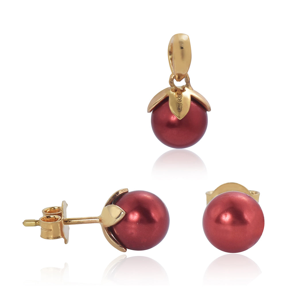 Conjunto de Prata com Banho de Ouro com Pérola Vermelha de Água Doce ( Brincos+Anel+Pendente )  Contraste: Cabeca de Veado (800)