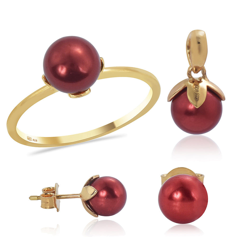 Conjunto de Prata com Banho de Ouro com Pérola Vermelha de Água Doce ( Brincos+Anel+Pendente )  Contraste: Cabeca de Veado (800) 13 