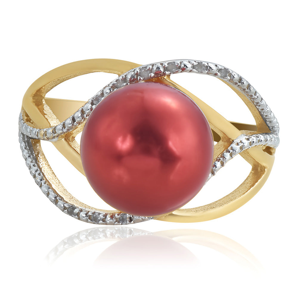 Anel de Prata com Banho de Ouro com Pérola Vermelha de Água Doce e Topázio Branco  Contraste: Cabeca de Veado (800)