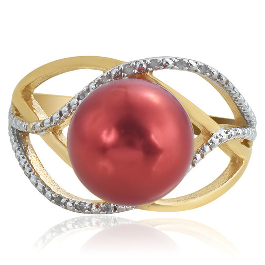 Anel de Prata com Banho de Ouro com Pérola Vermelha de Água Doce e Topázio Branco  Contraste: Cabeca de Veado (800)
