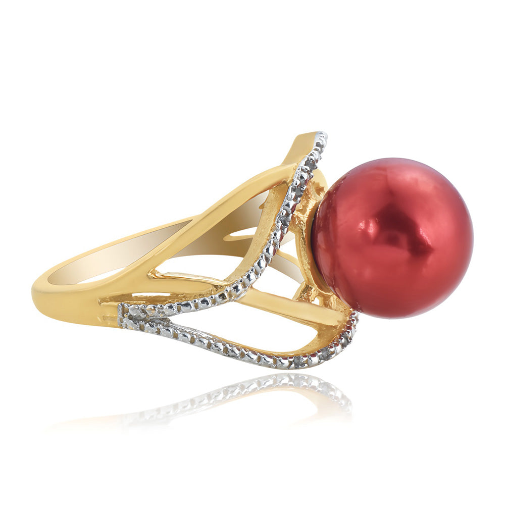 Anel de Prata com Banho de Ouro com Pérola Vermelha de Água Doce e Topázio Branco  Contraste: Cabeca de Veado (800) 4 
