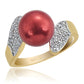Anel de Prata com Banho de Ouro com Pérola Vermelha de Água Doce e Topázio Branco  Contraste: Cabeca de Veado (800)