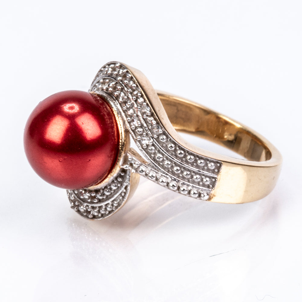 Anel de Prata com Banho de Ouro com Pérola Vermelha de Água Doce e Topázio Branco  Contraste: Cabeca de Veado (800) 3 