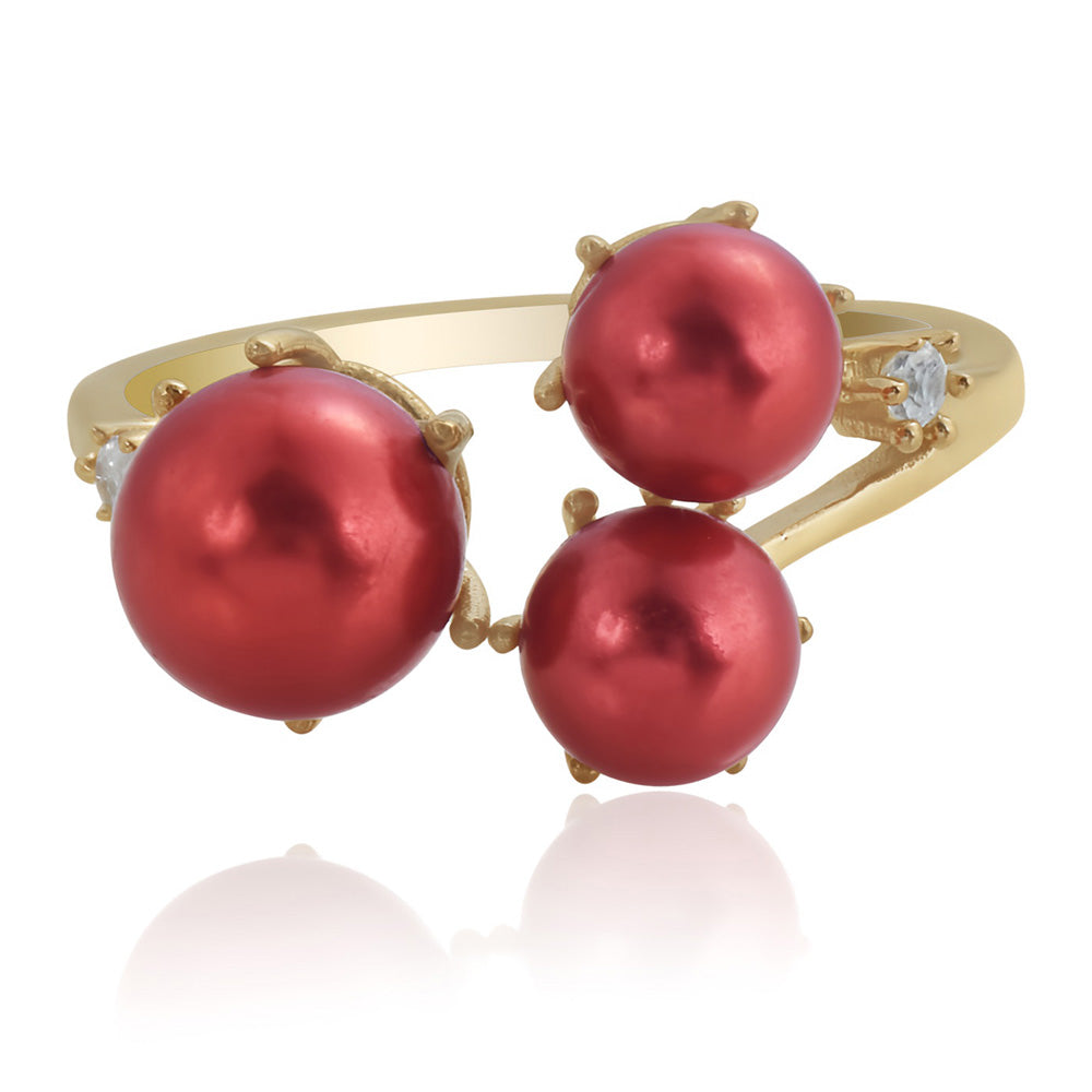 Anel de Prata com Banho de Ouro com Pérola Vermelha de Água Doce e Topázio Branco 2 