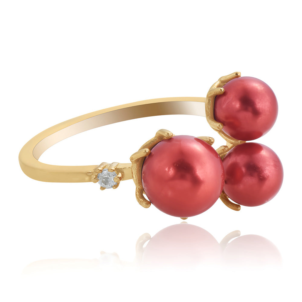 Anel de Prata com Banho de Ouro com Pérola Vermelha de Água Doce e Topázio Branco 3 