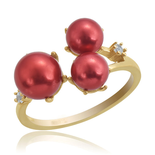 Anel de Prata com Banho de Ouro com Pérola Vermelha de Água Doce e Topázio Branco