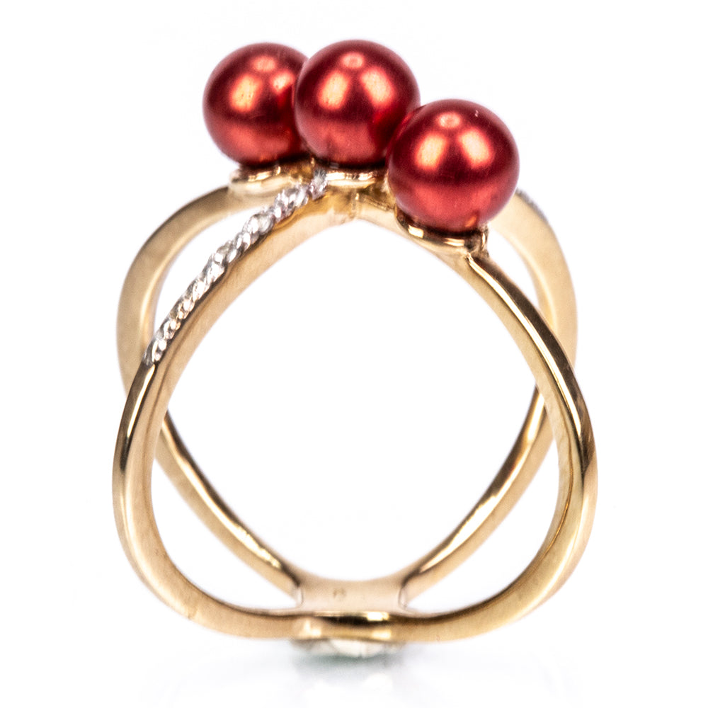 Anel de Prata com Banho de Ouro com Pérola Vermelha de Água Doce e Topázio Branco  Contraste: Cabeca de Veado (800) 4 