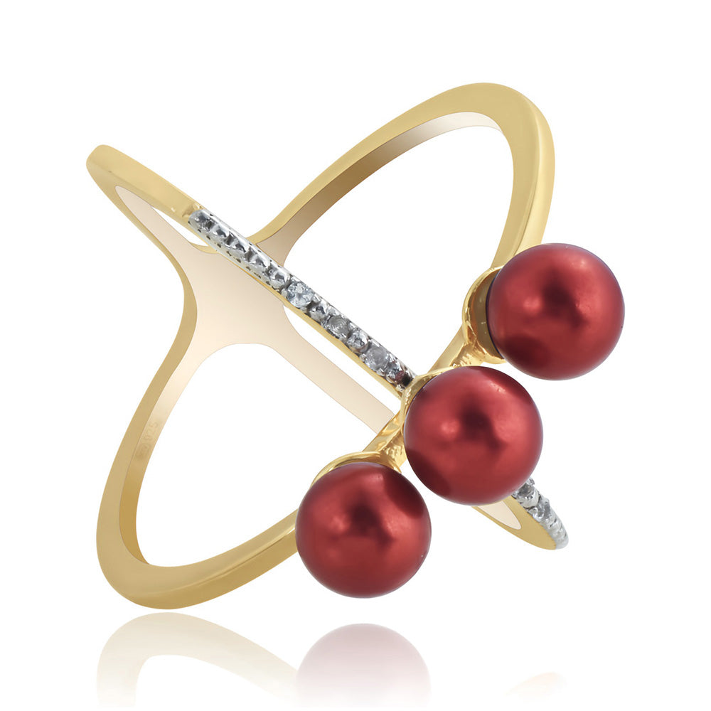 Anel de Prata com Banho de Ouro com Pérola Vermelha de Água Doce e Topázio Branco  Contraste: Cabeca de Veado (800)